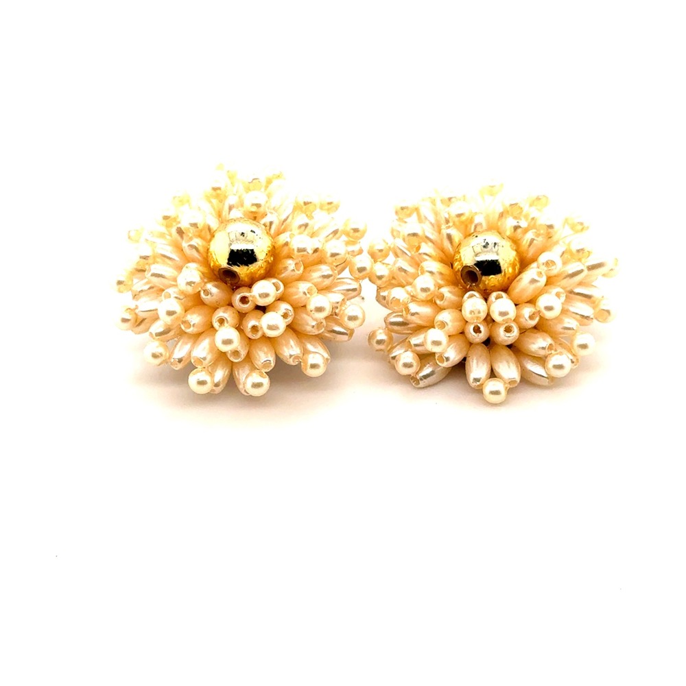 Vintage Faux Pearl Cluster Clip On Earrings Cream Gold Tone Floral Pom Pom